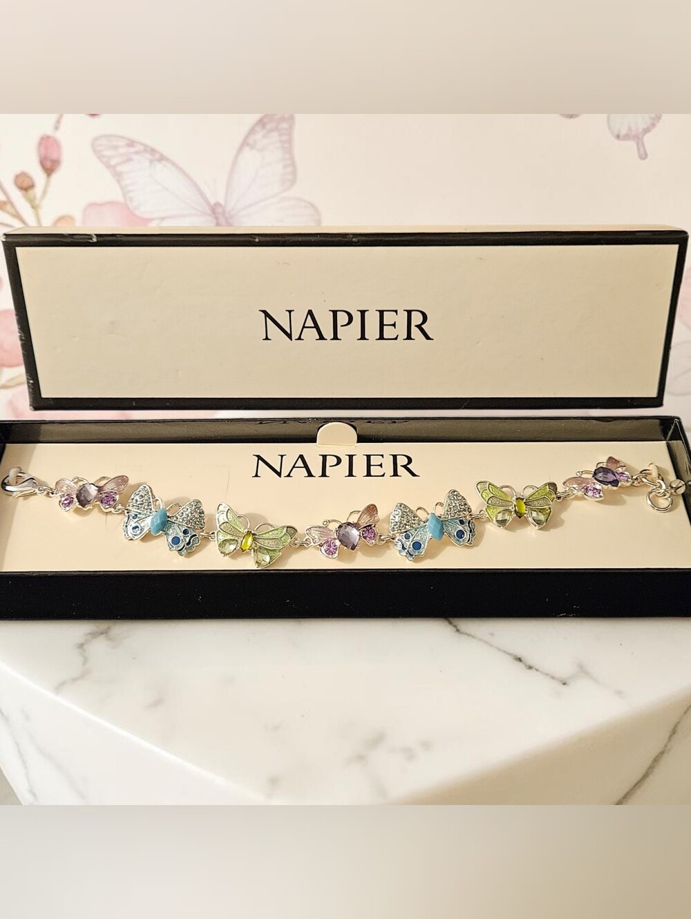 Napier Multi Butterfly Charm Bracelet  7.5" Silver Tone